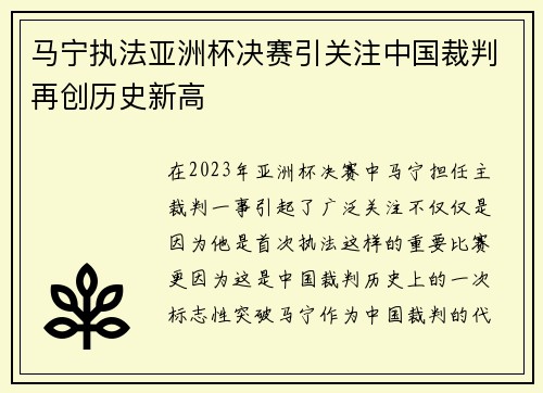 马宁执法亚洲杯决赛引关注中国裁判再创历史新高